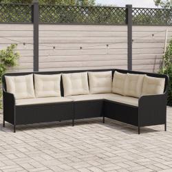 Canap&eacute; de jardin et coussins en forme de L noir r&eacute;sine tress&eacute;e