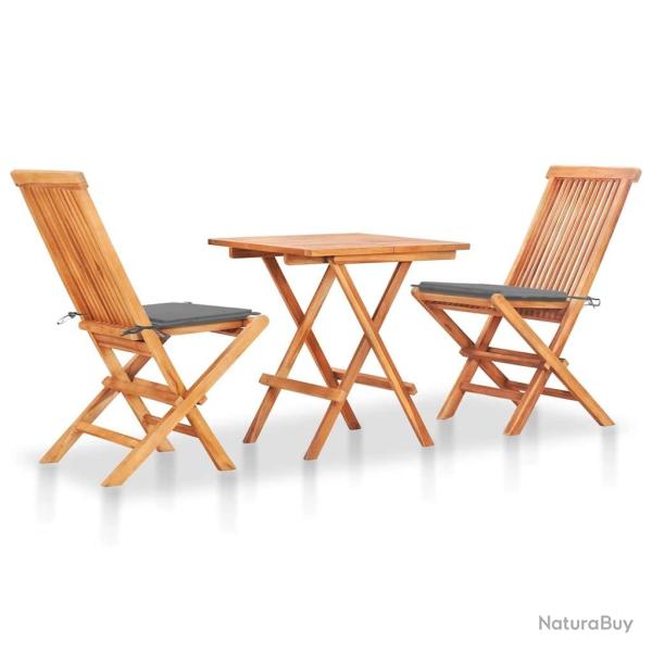 Ensemble de bistro 3 pcs avec coussins gris Bois de teck massif