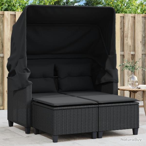 Canap� de jardin 2 places avec auvent et tabourets noir rotin