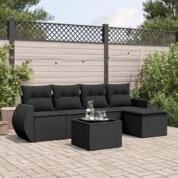 Salon de jardin 6 pcs avec coussins noir r&eacute;sine tress&eacute;e
