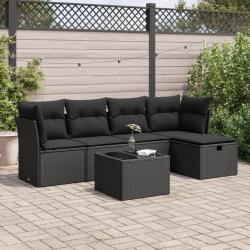 Salon de jardin 6 pcs avec coussins noir r&eacute;sine tress&eacute;e