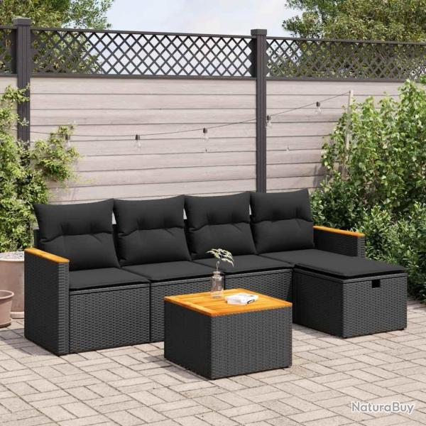 Salon de jardin 6 pcs avec coussins noir r�sine tress�e
