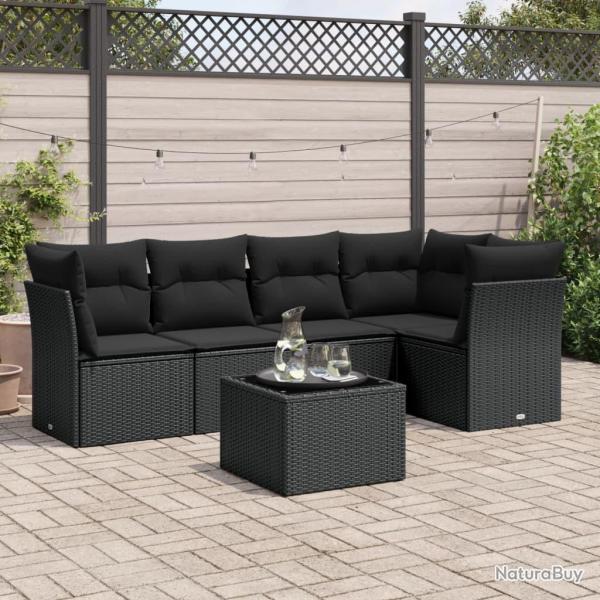 Salon de jardin 6 pcs avec coussins noir r�sine tress�e