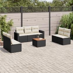 Salon de jardin 8 pcs avec coussins noir r&eacute;sine tress&eacute;e