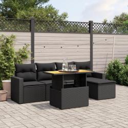 Salon de jardin 6 pcs avec coussins noir r&eacute;sine tress&eacute;e