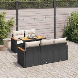 Salon de jardin 6 pcs avec coussins noir r&eacute;sine tress&eacute;e acacia