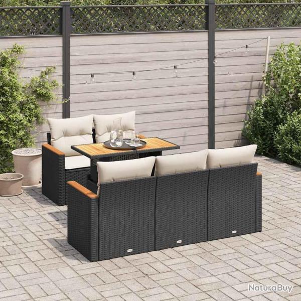 Salon de jardin 6 pcs avec coussins noir r�sine tress�e acacia
