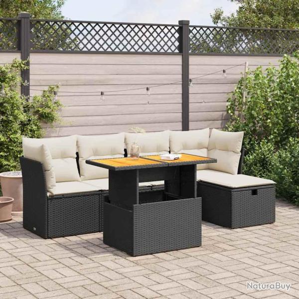 Salon de jardin 6 pcs avec coussins noir r�sine tress�e acacia