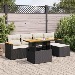 Salon de jardin 6 pcs avec coussins noir r&eacute;sine tress&eacute;e acacia