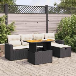 Salon de jardin 6 pcs avec coussins noir r&eacute;sine tress&eacute;e acacia