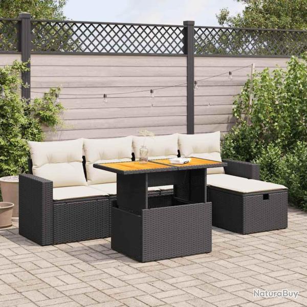 Salon de jardin 6 pcs avec coussins noir r�sine tress�e acacia