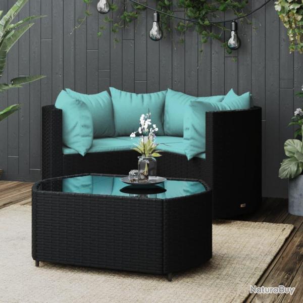 Salon de jardin 4 pcs avec coussins Noir R�sine tress�e