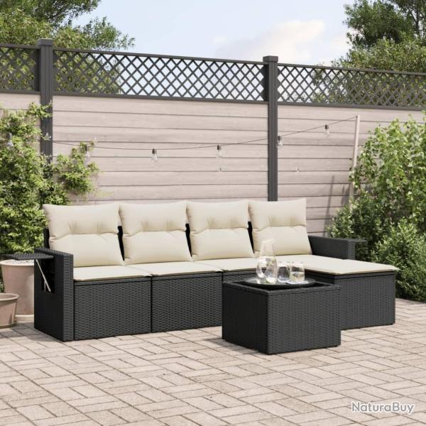 Salon de jardin 6 pcs avec coussins noir r�sine tress�e
