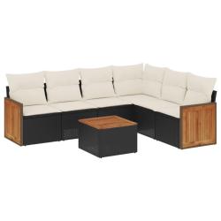 Salon de jardin 7 pcs avec coussins noir r&eacute;sine tress&eacute;e