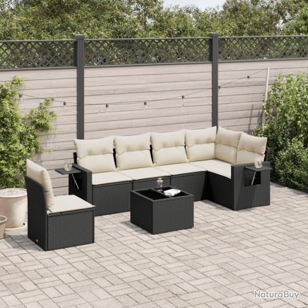 Salon de jardin 7 pcs avec coussins noir r�sine tress�e