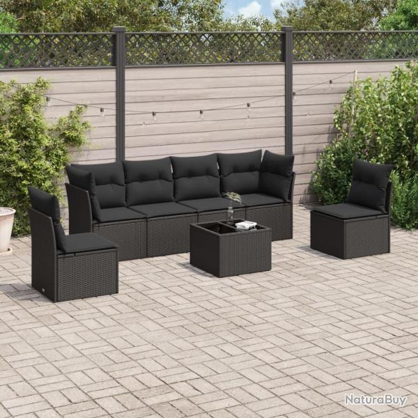 Salon de jardin 7 pcs avec coussins noir r�sine tress�e