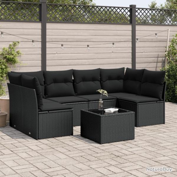 Salon de jardin 7 pcs avec coussins noir r�sine tress�e