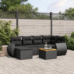 Salon de jardin 7 pcs avec coussins noir r&eacute;sine tress&eacute;e