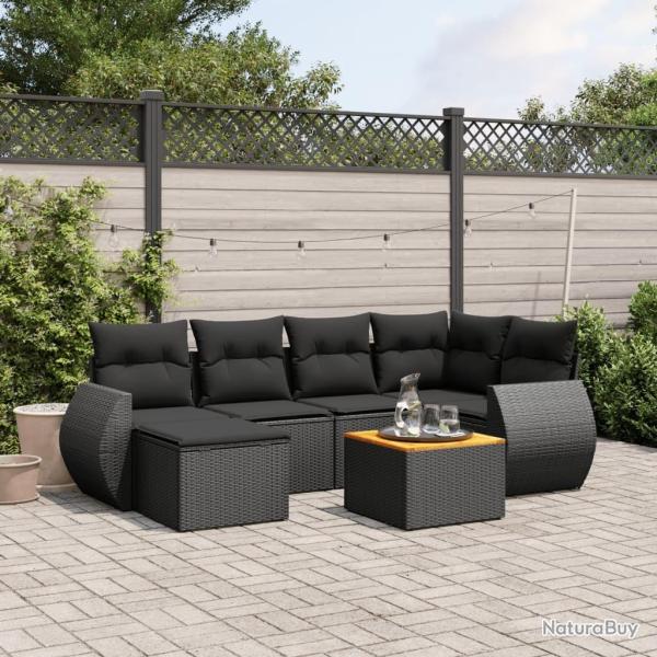 Salon de jardin 7 pcs avec coussins noir r�sine tress�e