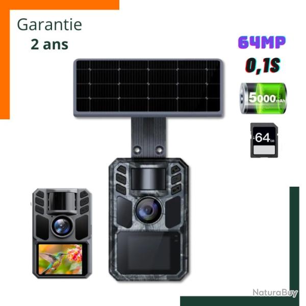 Cam�ra de chasse solaire 4K 64MP avec batterie rechargeable 5000mAh int�gr�e - Carte 64GB