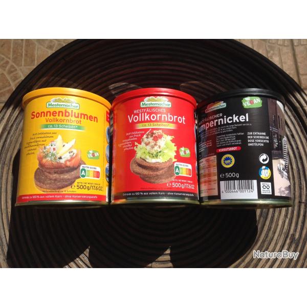 Lot de trois conserves de pain complet tr�s longue conservation.