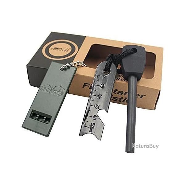 Pierre � Feu Allume Feu en Silex Magn�sium Briquet Kit 7 en 1 avec Manche en Bois Fabriqu� � La Main