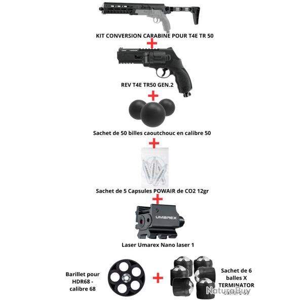 PACK REV T4E TR50 GEN.2+KIT CONVERSION CARABINE+50 billes+5 Capsules+Nano laser+6 balles+Barillet