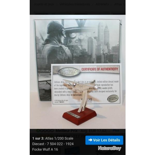 Avion plaqu argent Atlas 1/200 7 504 022 - 1924 Focke Wulf A 16