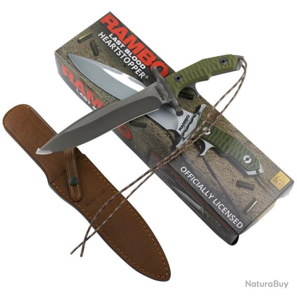 Couteau Rambo V Last Blood Heartstopper Lame Spear Point Manche G10 Vert Olive Etui Cuir RB9415