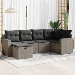 Salon de jardin 6 pcs avec coussins gris r&eacute;sine tress&eacute;e