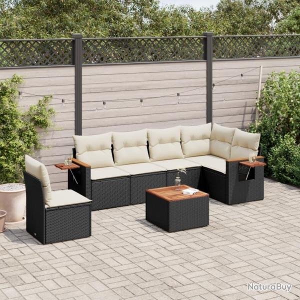 Salon de jardin 7 pcs avec coussins noir r�sine tress�e