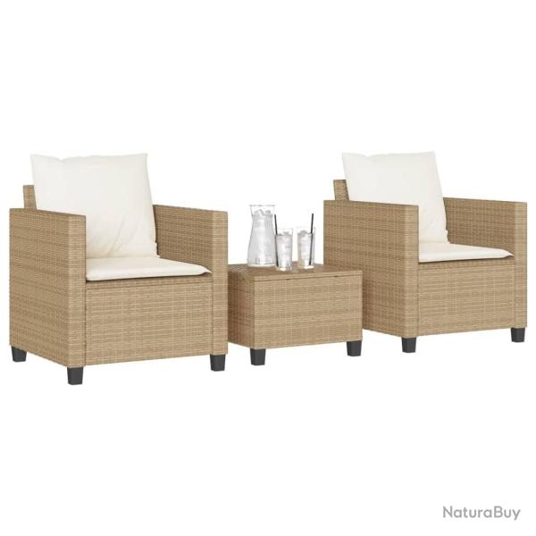 Ensemble de bistro 3 pcs avec coussins beige r�sine tress�e