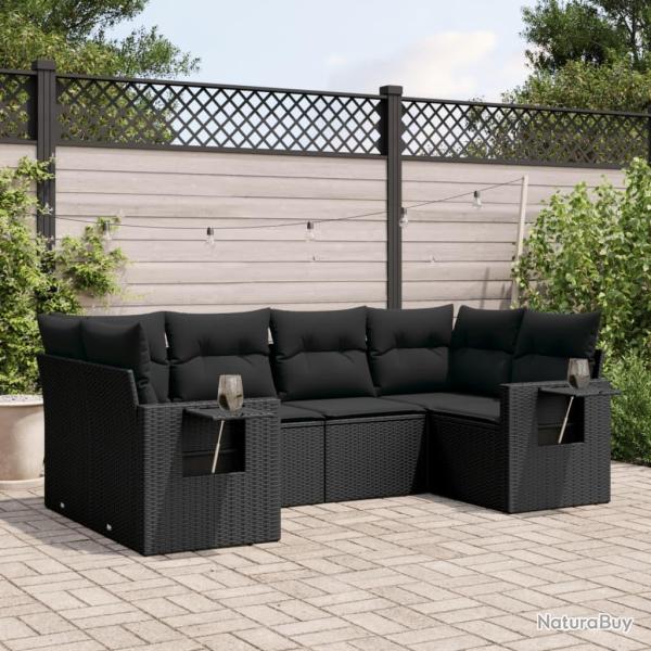Salon de jardin 6 pcs avec coussins noir r�sine tress�e
