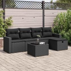 Salon de jardin 6 pcs avec coussins noir r&eacute;sine tress&eacute;e