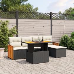 Salon de jardin 6 pcs avec coussins noir r&eacute;sine tress&eacute;e