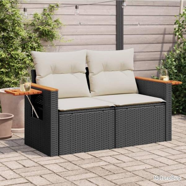 Canap� de jardin avec coussins 2 places noir r�sine tress�e