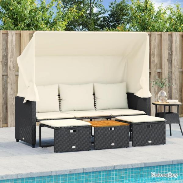 Canap� de jardin 3 places avec auvent et tabourets noir rotin