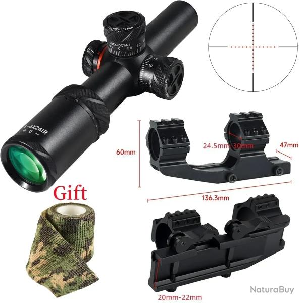 Lunette de vise en verre HD pour la chasse 1-6x24IR---LD3003  -PAIEMENT 3/4 FOIS !!!