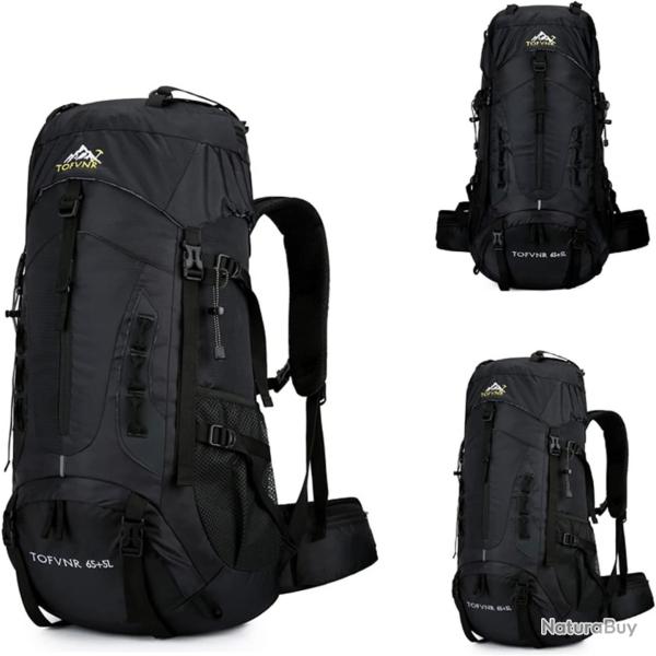 Sac � Dos Randonn�e 70L Nylon L�ger & Imperm�able Trekking, Camping, Escalade, Voyage Noir