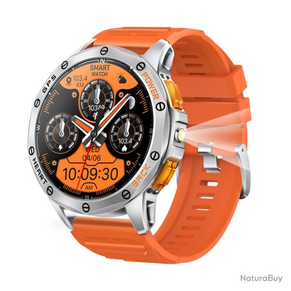 Montre Connect�e Homme GPS Lampe LED 110+ Sports Fitness Sant� 24/7 �tanche IP68 iOS/Android Orange
