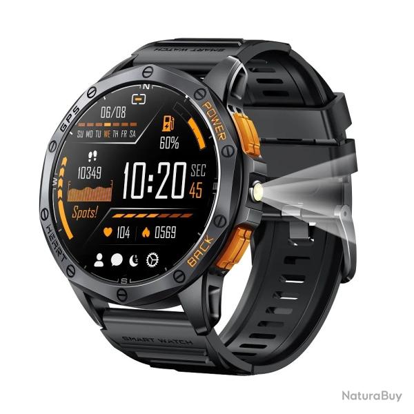 Montre Connect�e Homme GPS Lampe LED 110+ Sports Fitness Sant� 24/7 �tanche IP68 iOS/Android Noir