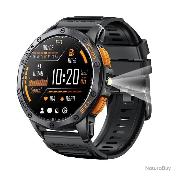 Montre Connect�e GPS AMOLED Homme IP68 110+ Sports Lampe LED Appels Bluetooth Sant� iOS Android