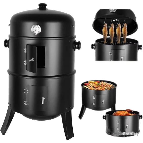 BARBECUE GRILL FUMOIR Charbon de Bois 3 en 1 SMOKER BBQ VIANDE CUISINE NEUF NOIR