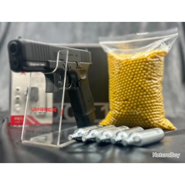 NOUVEAUT� 2025 "PACK LASER PR�T A TIRER" PISTOLET GLOCK 19 GEN5 MOS BBS 6MM CO2 1J BLACK AVEC 4 INTE