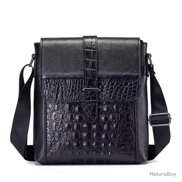 Sac � Bandouli�re en Cuir V�ritable pour Homme Motif Crocodile �l�gant Noir