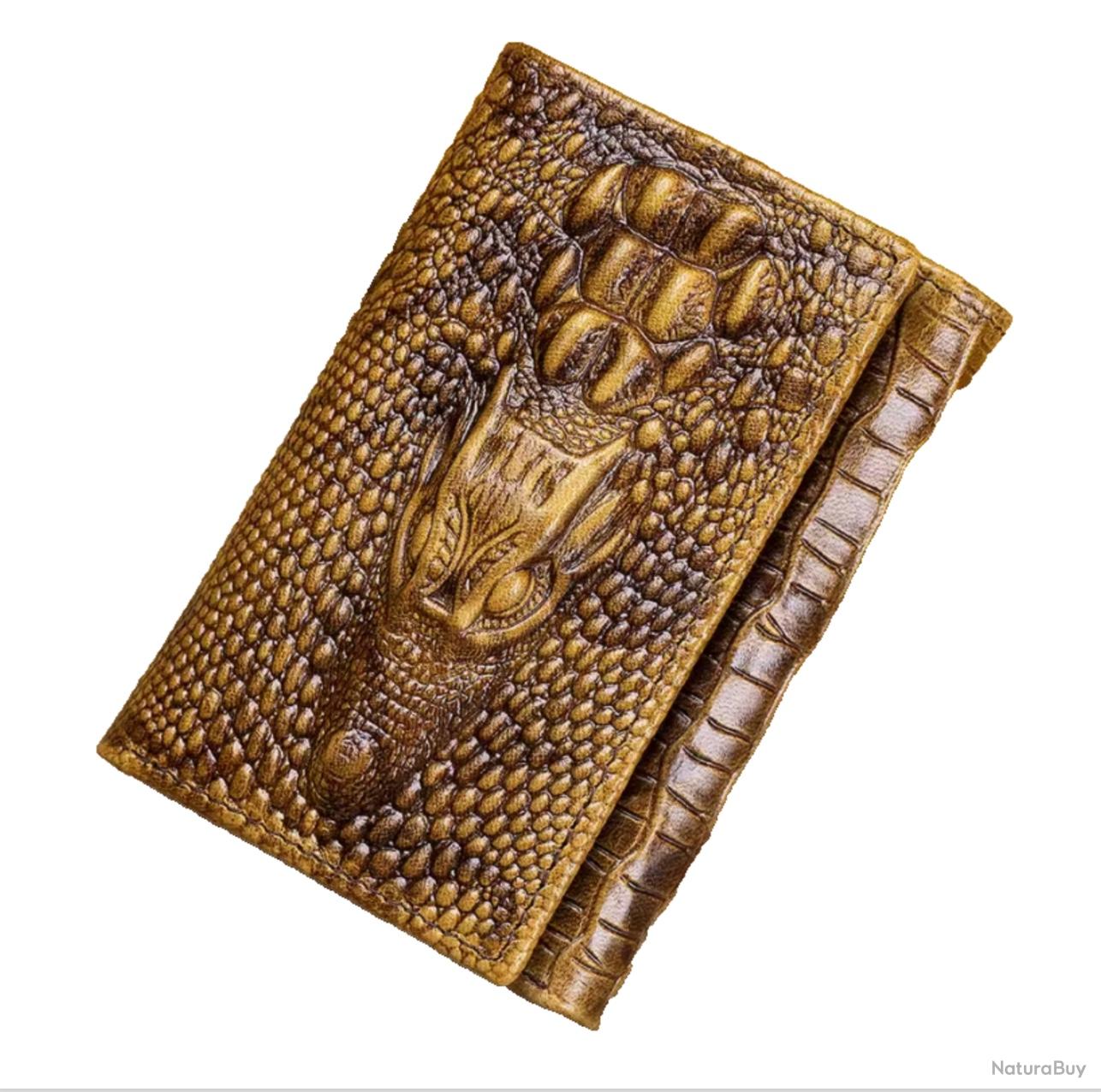 Portefeuille Homme En Cuir Véritable - Style Crocodile Vintage Marron - Porte-cartes Et Photos