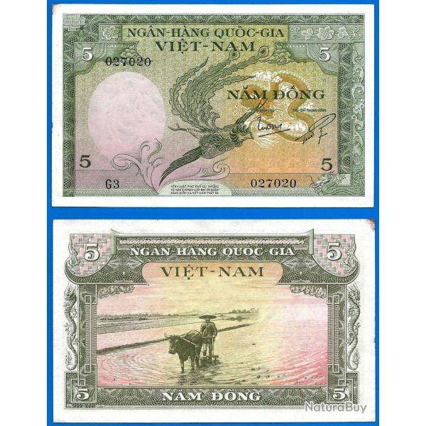 Vietnam Sud 5 Dong 1955 Billet Animal Paysan Oiseau