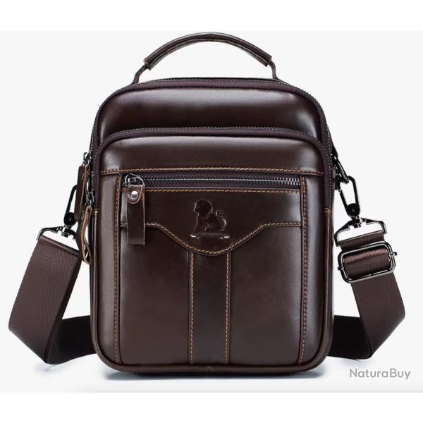 Sac � Bandouli�re en Cuir V�ritable Sacoche �l�gante & Pratique pour Homme Marron