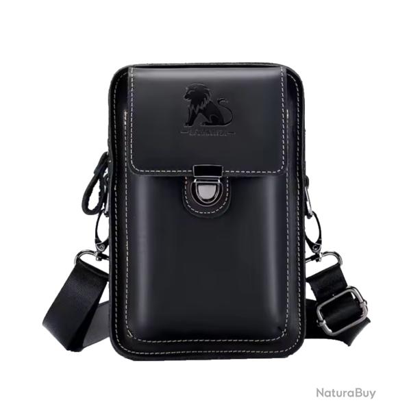 Sac de Taille en Cuir V�ritable - Style r�tro Rangement Pratique Noir