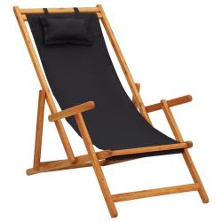Chaise pliable de plage bois d'eucalyptus solide et tissu noir